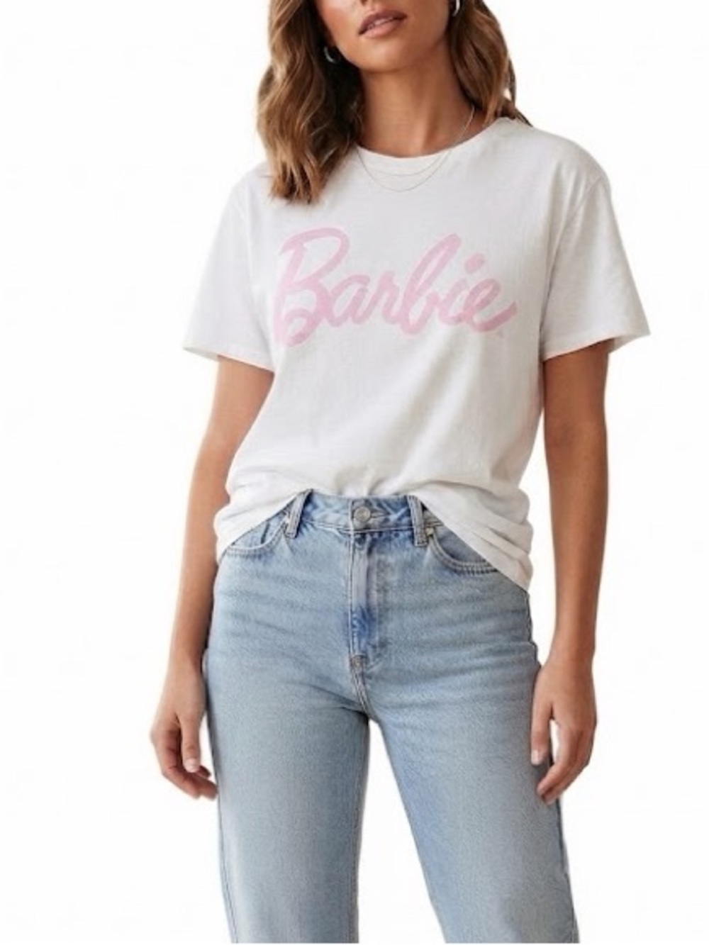H&M Barbie Logo T-Shirt Size XS Cream Pink Loose Fit